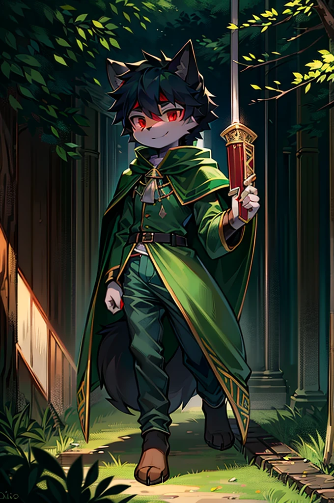 A Chico, Wolf, Green and black fur, young people, 17-year-old student,Two red eyes,There is a green ring on the hand,Cape around the neck,Wearing green combat uniform,With a long sword in hand,The pants are dark blue shorts,Smile,in the park,Alone,The sun shines