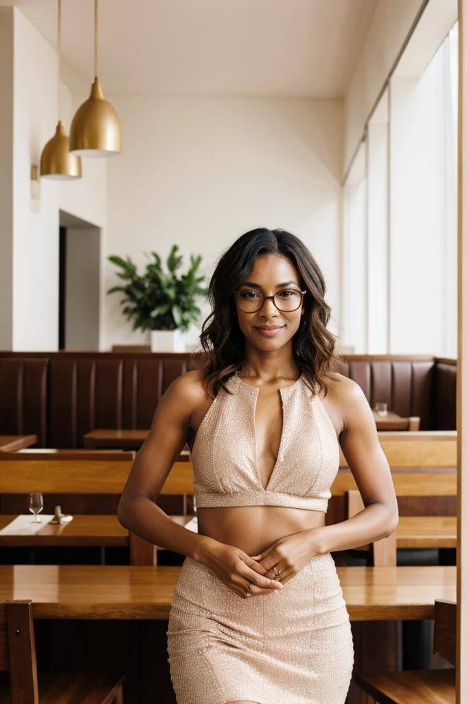 a woman with glasses is posing for a picture, a stock photo, shutterstock, elegant interior, woman in business suit, standing in a restaurant, portrait symetrical