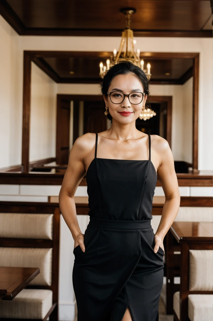 a woman with glasses is posing for a picture, a stock photo, shutterstock, elegant interior, woman in business suit, standing in a restaurant, portrait symetrical