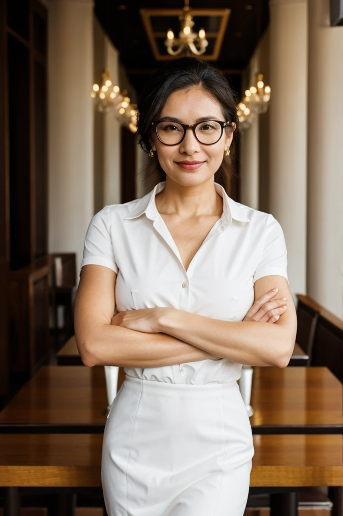 a woman with glasses is posing for a picture, a stock photo, shutterstock, elegant interior, woman in business suit, standing in a restaurant, portrait symetrical