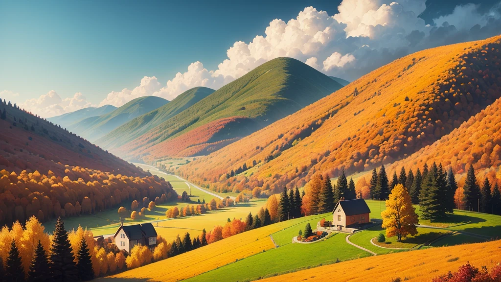 landscape with hills, trees, little houses, fall colors, bright colors, pointillist style