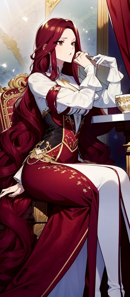 ((long hair spread out)), aristocratic woman, nobility dress, princess.Sitting on a chair with a table with a large umbrella while drinking tea,