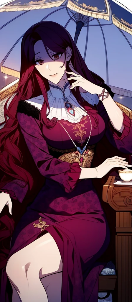 ((long hair spread out)), aristocratic woman, nobility dress, princess.Sitting on a chair with a table with a large umbrella while drinking tea,