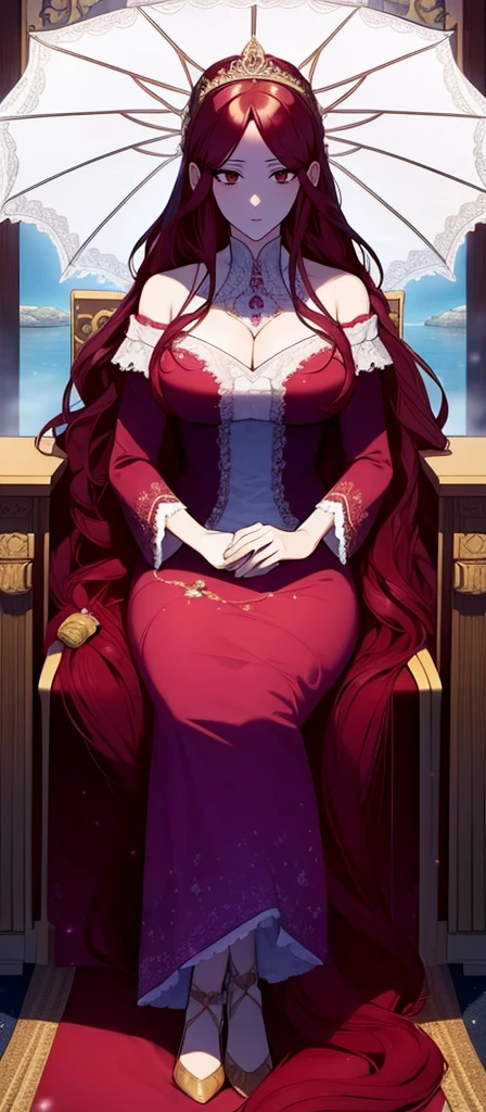 ((long hair spread out)), aristocratic woman, nobility dress, princess.Sitting on a chair with a table with a large umbrella while drinking tea,