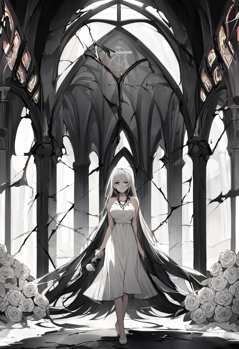 A pale-skinned white-haired girl with gray tones wearing a crown of thorns, from which small drops of blood fall, running across her forehead. Her eyes are completely dark, with an empty expression and a weak smile on her face. She wears a short white dress that reaches her knees. Several silver roses adorn her body, while sharp-thorned roots resemble necklaces, wrapping around her hands and waist. The setting is a ruined church, with cracked walls and broken windows, where light timidly enters. Next to her is an altar holding a cross adorned with several roses. The atmosphere has a melancholic and mysterious air, highlighting the loneliness and the contrast between the girl's beauty and pain.