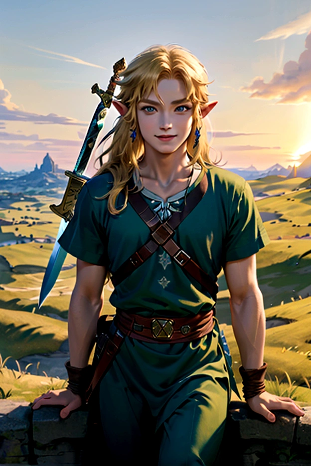 ((artwork)), (Highest quality), (detailed), ((1 boy)), (Link to the Legend of Zelda), smile, A long-haired blonde girl is holding a sword、grassland、Beautiful sky、Sunset