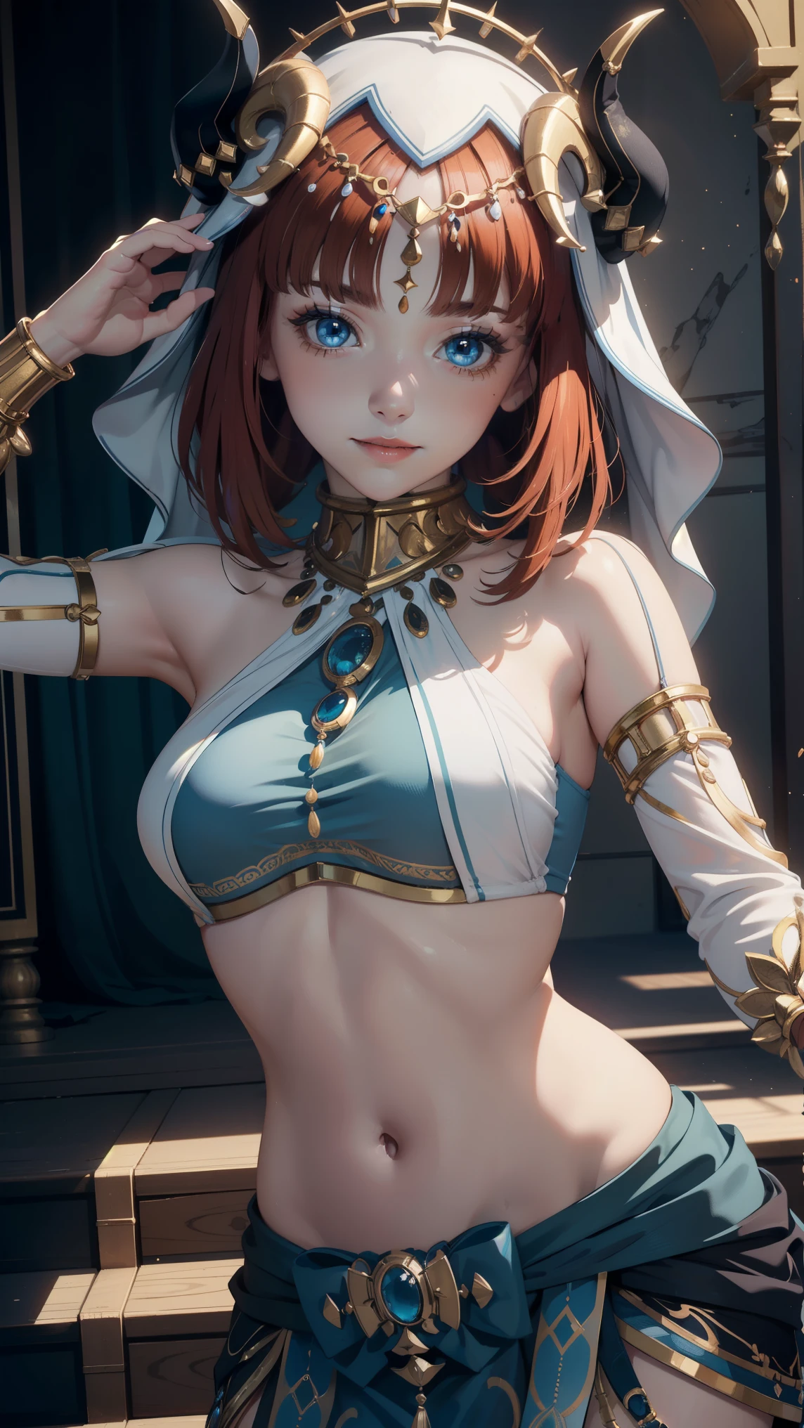 ((Masterpiece)),(Best Quality),((ultra-detailed)), (beautiful detailed face), depth of field,detailed,((beautiful detailed eyes)), very small breasts, niloudef, portrait 3:4, belly dance pose, sensual, seductive. Theater stage background. smiling.