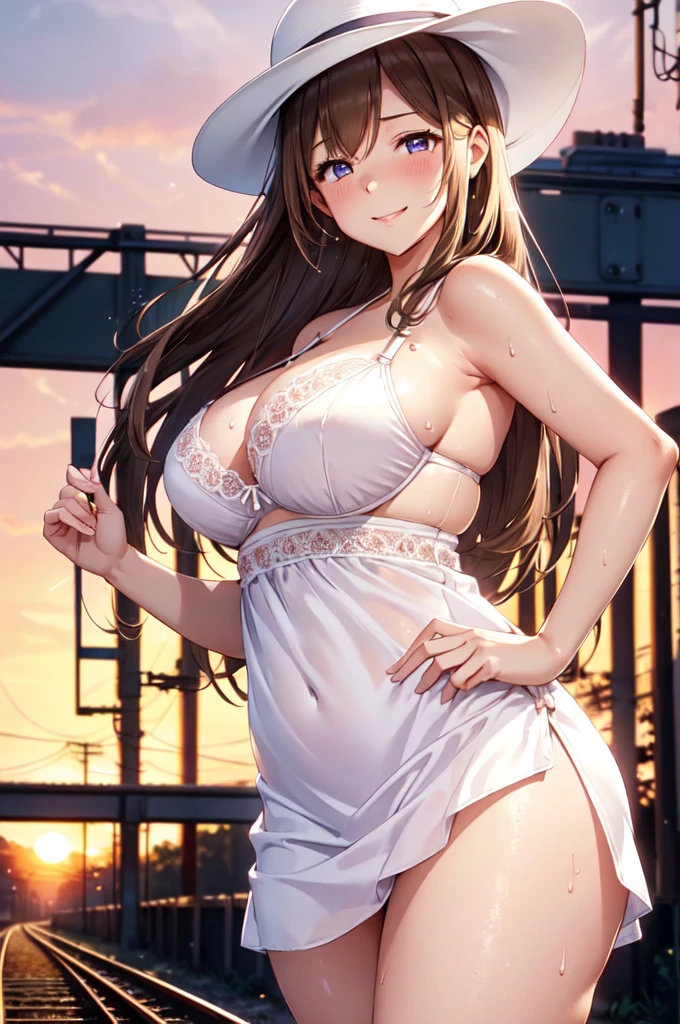 satin, silk, (panty, bra), (High quality, High resolution, Fine details), setting sun, Backlight, A straight stretch of railroad track, White Dress, White Hat, solo, curvy women, light brown hair, sparkling eyes, (Detailed eyes:1.2), smile, blush, Sweat, Oily skin, shallow depth of field, Fantastic
