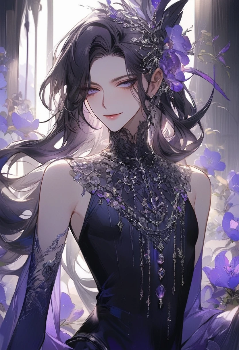 Feminine boy, soft womanish facial features, smile, squinted siren dark blue eyes without glare, silver and dark purple long loose hair with straight bang, fantasy black clothes with blue and purple elements, long black gloves, model, gorgeous, elegant, lots of silver jewelry, flowers in his hair, skinny body, hourglass figure, light lipstick