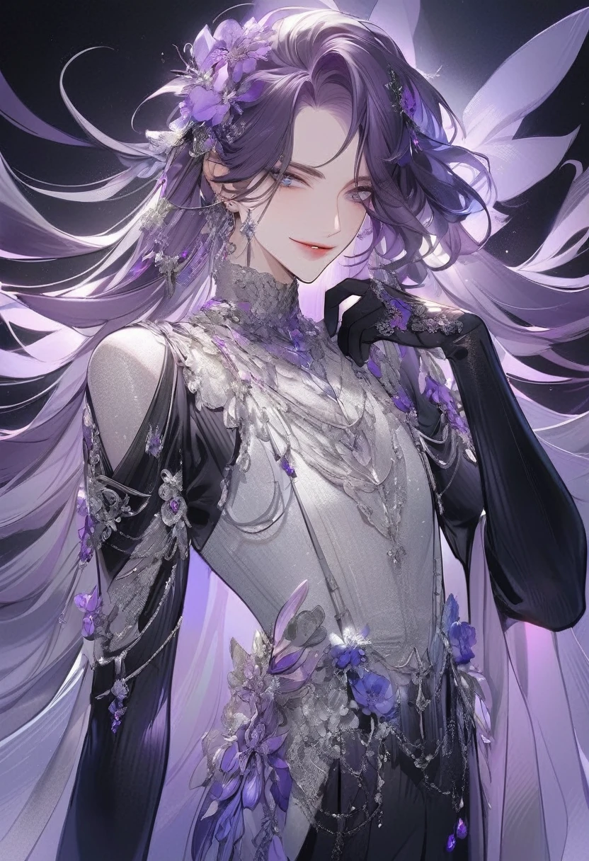 Feminine boy, soft womanish facial features, smile, squinted siren dark blue eyes without glare, silver and dark purple long loose hair with straight bang, fantasy black clothes with blue and purple elements, long black gloves, model, gorgeous, elegant, lots of silver jewelry, flowers in his hair, skinny body, hourglass figure, light lipstick