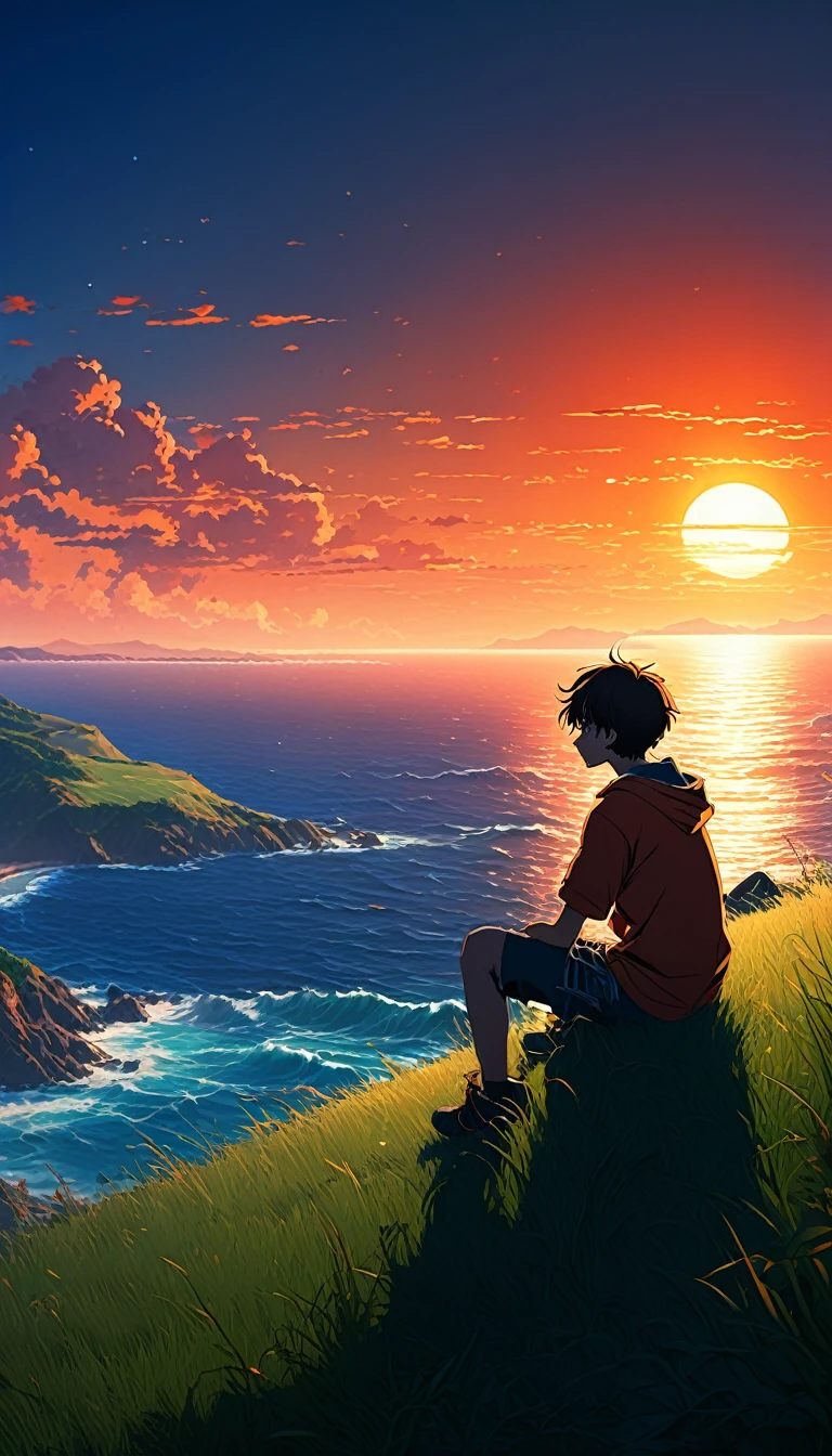 High quality, 8K Ultra HD. The image shows a boy sitting anime watching
The terrifying ocean at sunrise from a grassy hill, with a background of vibrant blue sky and red and orange hues of the sun. anime art wallpaper 4k, anime art wallpaper 4K, anime background, anime art wallpaper 8K, anime art background, anime landscape wallpaper, amazing wallpaper, high quality wallpaper definition,4k animated wallpaper,4k animated wallpaper,Aries Moross art,Bob Byerley art,AshleyWoodArtAI,greg rutkowski