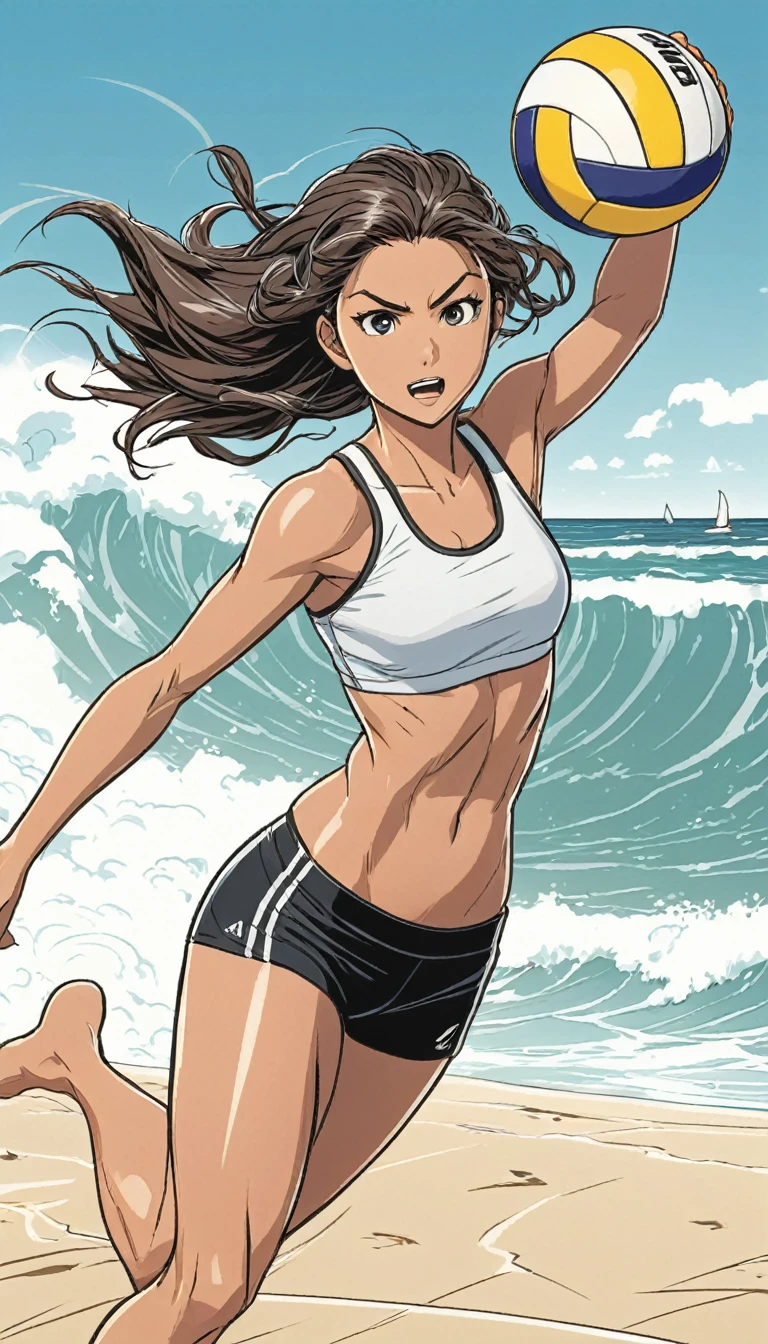 pencil sketch, black and white, manga, anime, beach volleyball, dynamic action, motion blur, line art, detailed line work, hyper detailed, energetic poses, athletic figures, intense movement, aerial perspective, sand, waves, ocean background