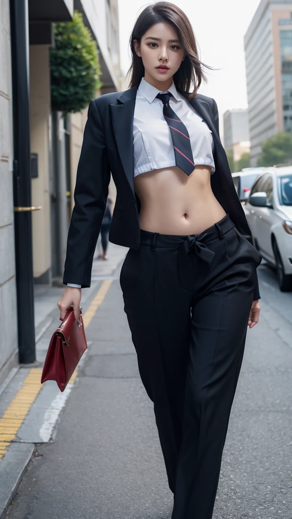 Woman in professional crop top, suit, trousers, Walk to work, Show your belly, Realistic navel shape, necktie, knot