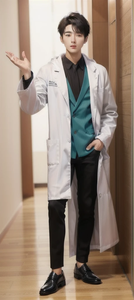 (Fair skin),((white lab coat)), (black hoodie underneath),Iris,(gender: Natural Face),(Japanese),(leather shoes),long body,handsome young asian man, Japanese idol style, short clean-cut hair, (center part), calm confident expression, hands in lab coat pockets, plain white background, portrait, high quality, detailed, 8K