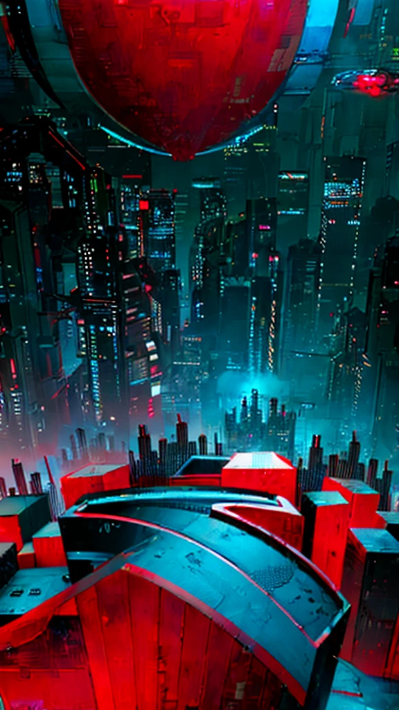Cyberpunk,science and technology,City,detail,Red, blue and black color scheme