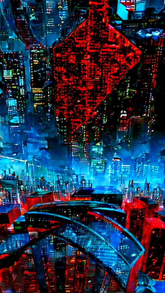 Cyberpunk，science and technology，City，detail，Red, blue and black color scheme