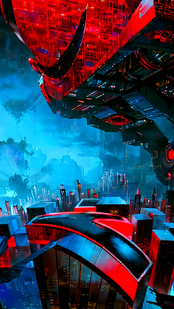 Cyberpunk，science and technology，City，detail，Red, blue and black color scheme
