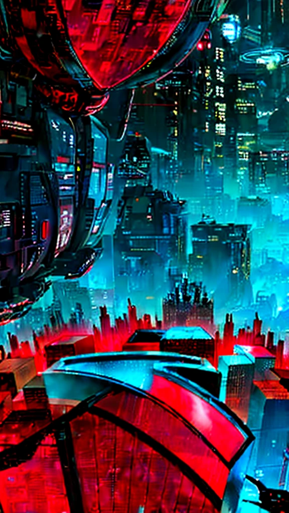 Cyberpunk,science and technology,City,detail,Red, blue and black color scheme