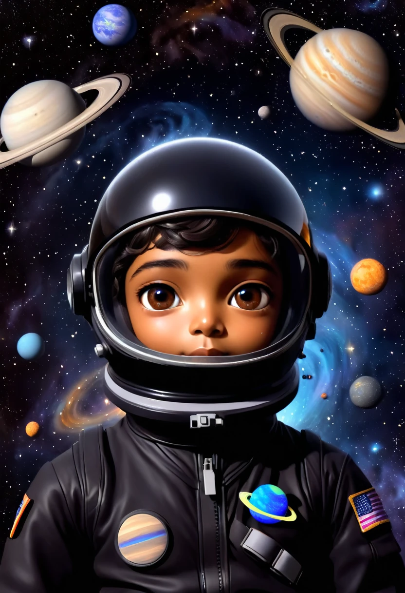 "A young human man, light brown skin, with a third eye in the middle of the forehead, dressed in a black astronaut suit and helmet, floating in outer space. Around, there are planets of different sizes and colors, bright stars and several spiral galaxies on dark space background.