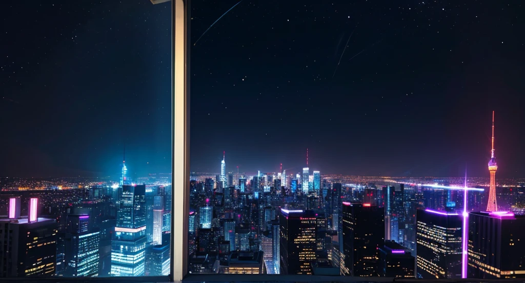 Create an illustration of a bustling city at night, with tall buildings illuminated by streetlights and neon signs. The night sky is clear, and stars sparkle brilliantly above the cityscape. Skyscrapers with reflective windows capture the glow of the city lights. Some buildings have rooftop gardens with faint, twinkling lights.Use a palette of deep blues and purples for the sky, and bright, warm colors for the city lights to create a vibrant, lively atmosphere.