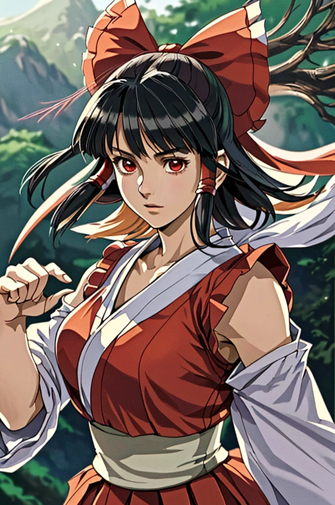 Highest quality,High resolution,((Nakoruru)) ,One person,(bow),(Shrine maiden),woman,One personで,(Reimu Hakurei),strongest,Anime Style,(Limbs),(Full Finger),(Accurate fingertips), (The finer details), (Super detailed),4K,(high resolution),whole body, (Front angle), Looking at the camera,masterpiece,(Subtle details),(Intricate details),Octane Rendering,(Hyper Detail),