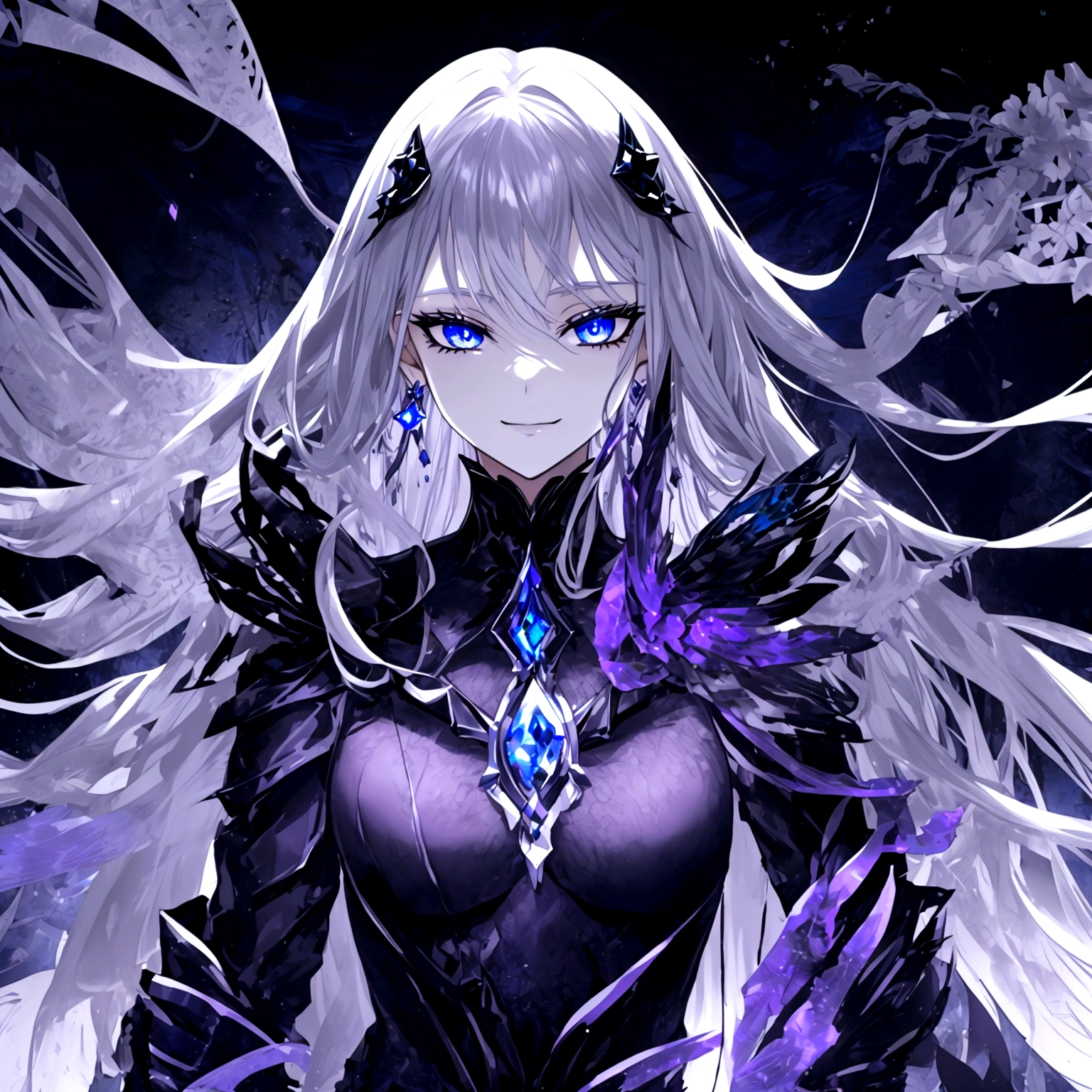 Guy, beautiful facial features, smile, squinted siren dark blue eyes without glare, silver and dark purple long loose hair with straight bang, fantasy black clothes with blue and purple elements, long black gloves, model, gorgeous, elegant, lots of silver jewelry, flowers in his hair
