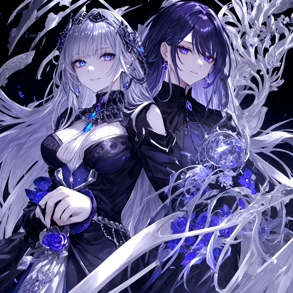 Guy, beautiful facial features, smile, squinted siren dark blue eyes without glare, silver and dark purple long loose hair with straight bang, fantasy black clothes with blue and purple elements, long black gloves, model, gorgeous, elegant, lots of silver jewelry, flowers in his hair