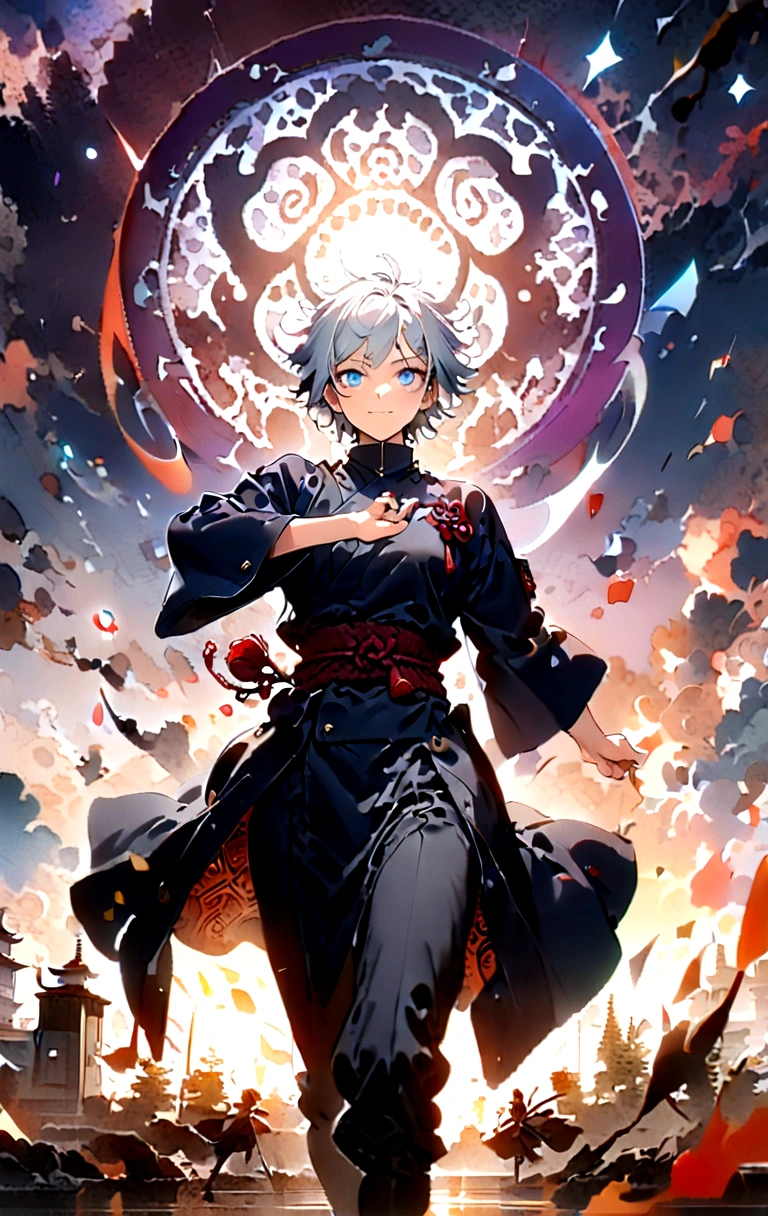 Intricate details,Wide range of colors,artwork,rendering,(masterpiece:1.3),(Highest quality:1.4),(Very detailedな:1.5),High resolution,Very detailed,8K,(1 male,Gojo Satoru,JUJUTSU KAİSEN,Gray Hair)Gojo Satoru,Young people,Be confident々smile,Beautiful Blue Eyes、(The background is blue and purple space)Achieve a smooth design