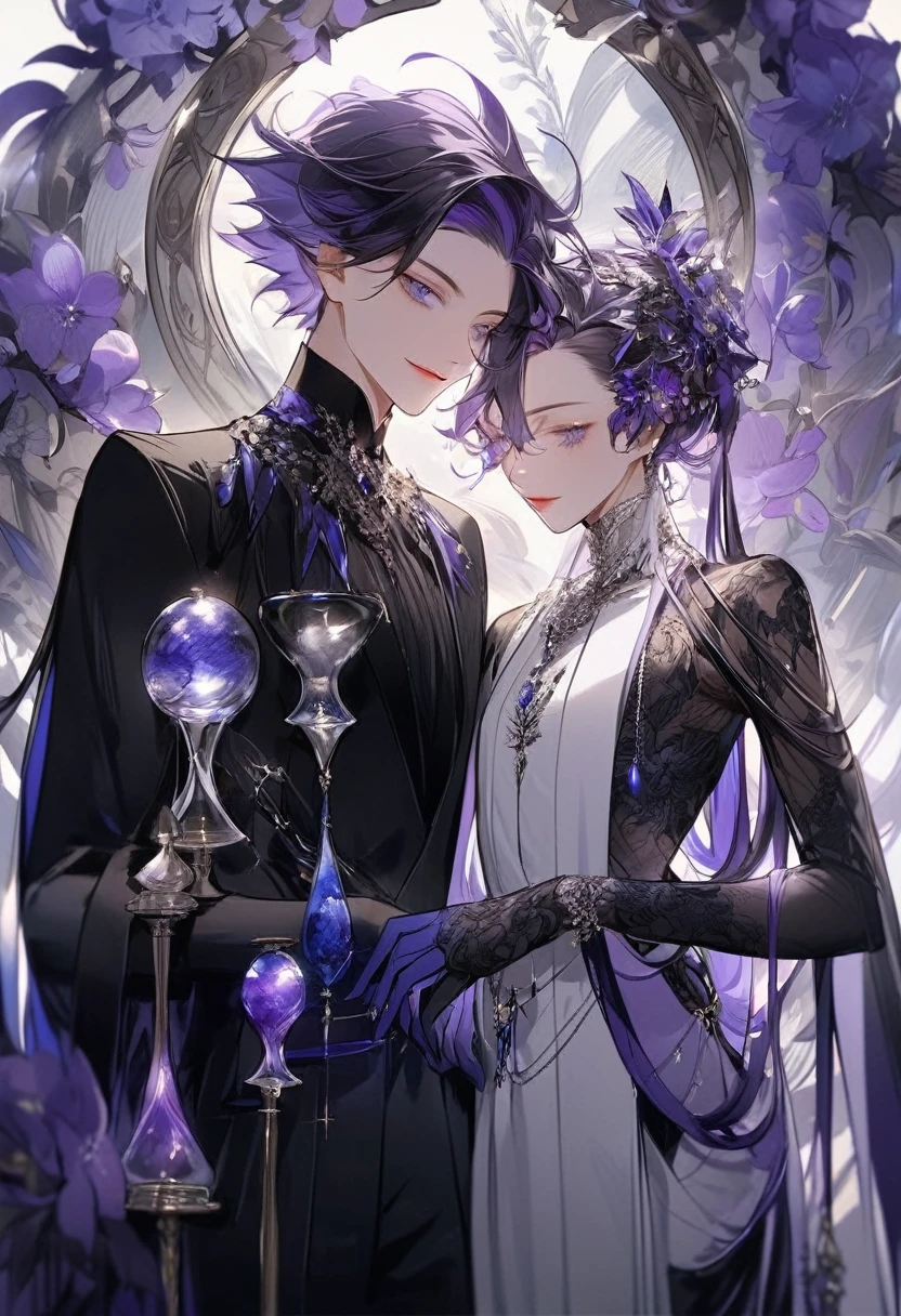 Feminine boy, soft womanish facial features, smile, squinted siren dark blue eyes without glare, silver and dark purple long loose hair with straight bang, fantasy black clothes with blue and purple elements, long black gloves, model, gorgeous, elegant, lots of silver jewelry, flowers in his hair, skinny body, hourglass figure, light lipstick
