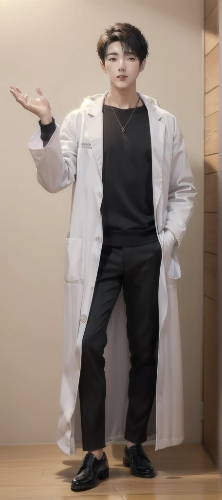 (Fair skin),((white lab coat)), (black hoodie underneath),Iris,(gender: Natural Face),(Japanese),(leather shoes),long body,handsome young asian man, Japanese idol style, short clean-cut hair, (center part), calm confident expression, hands in lab coat pockets, plain white background, portrait, high quality, detailed, 8K