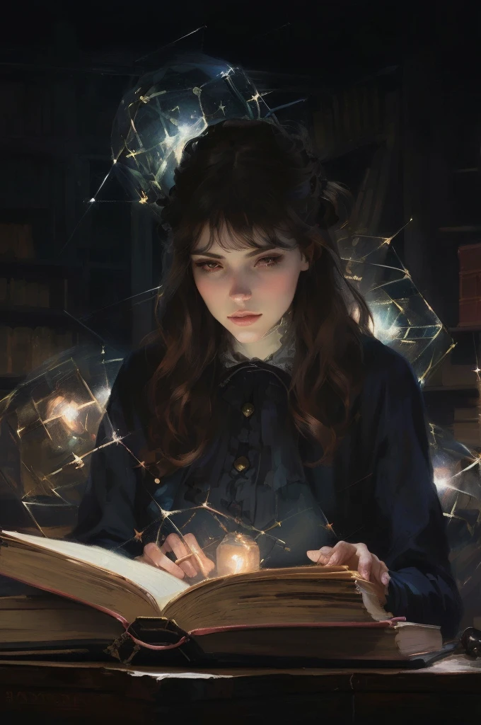 A woman is reading in a library under the lights, Kramskoy 4K, neoartcore 和 charlie bowater, Tom Bagshaw Donato Giancora, Robbery King, tom bagshaw style, tom bagshaw portrait, Fantasy genre portrait, Valentine's Day Shuffle, Tom Bagshaw Art Style, Mary Jane Ansell, artstyle tom bagshaw