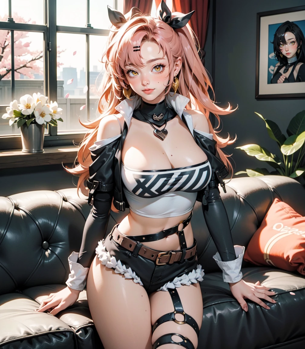 Masterpiece, best quality, extremely detailed artwork, award winning, retina, soft light, sharp focus. (((solo))), (cowboy shot:1.5),
nicole demara
tube top, single thighhigh, short shorts, cropped jacket, belt boots, hair ribbon, hairclip, earrings, single sock, high belt, thigh strap, detached sleeves, doll, black collar, smile, looking at viewer, outdoors, street, cherry blossoms, petals, open legs, embarrased, blushing, RESTING
Huge breasts, Turned, erotic and provocative, INDOORS OFFICE, BLCK COUCH, BIG WINDOW
FULL BODY SHOT, ultra wide angle, smooth perfect skin, smooth_skin, face detail, clean skin, perfect hands, perfect anatomy, anatomically correct,
