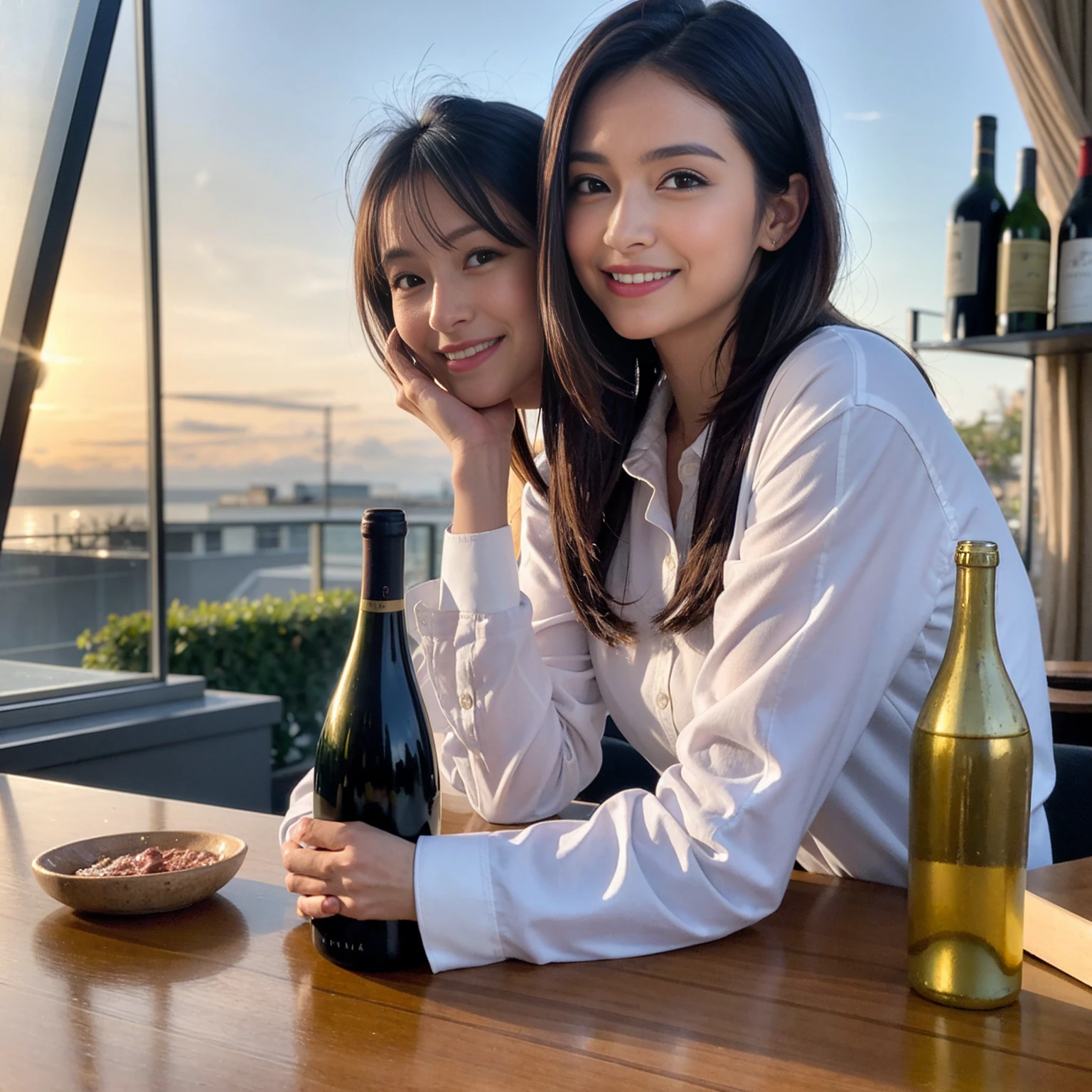 ((Highest quality、、masterpiece:1.3))、1 male 1 female、37 years old 39 years old、actress、Slim Beauty、Beautiful couple、Upper Body、smile、 (Slim face), (the body is スリム), (Brown Hair), (Shortcuts), テーブルのフルコースディナーとwine glass、Amazing view of the sunset sky and clouds、smileの美しさ、Wine bottle、sparkling wine、Long sleeve shirt、dress、White wine, red wine, wine glass, Beautiful fine grain, Depth f/2,saturation, High Contrast, Strong light and shadow,Moist Body:1.5、3D texture、The hair is very shiny、
