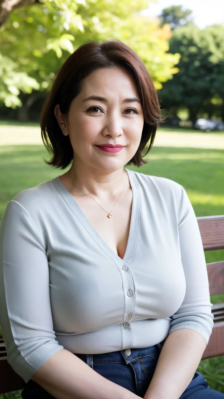 最high quality, In 8K, Masseter region, Genuine, Sharp focus, high quality, High resolution, Detailed face, fine grain, Thick lips, Background Blur, alone, Middle-aged women, , 65 years old, , Wavy Hair, Cleavage, Wearing a plain short-sleeved knit, sitting on a park bench, Wrinkles around the eyes, Smiling with teeth showing