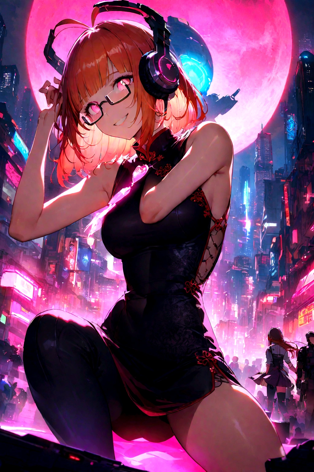 (extremely detailed fine touch:1.3), solo, (((semi-rimless eyewear:1.3))), (headphone:1.2), short hair, blunt bangs,bare arms,1 girl, Chinese_clothes, metallic black titanium and pink, cyberhan, cheongsam, cyberpunk city, dynamic pose, detailed luminescent headphones, luminous hair accessories, long hair, luminous earrings, glowing necklace, cyberpunk, high-tech city, full of mechanical and futuristic elements, futuristic, technology, glowing neon, pink, pink light, sexy skirt, translucent black cape, laser light, digital background urban sky, big moon, with vehicle, best quality, masterpiece, 8K, Character edge light, super high detail, high quality, the most beautiful woman in human beings, smile, face facing front and left and right symmetry, ear decoration, long antenna glow, beautiful pupils, light effects, visual data, silver-red-orange hair dyed hair, ultra-detailed face texture, happy, weapon system, crowded street passers-by, mecha style, overhead luminous antenna, back jet, girl sitting