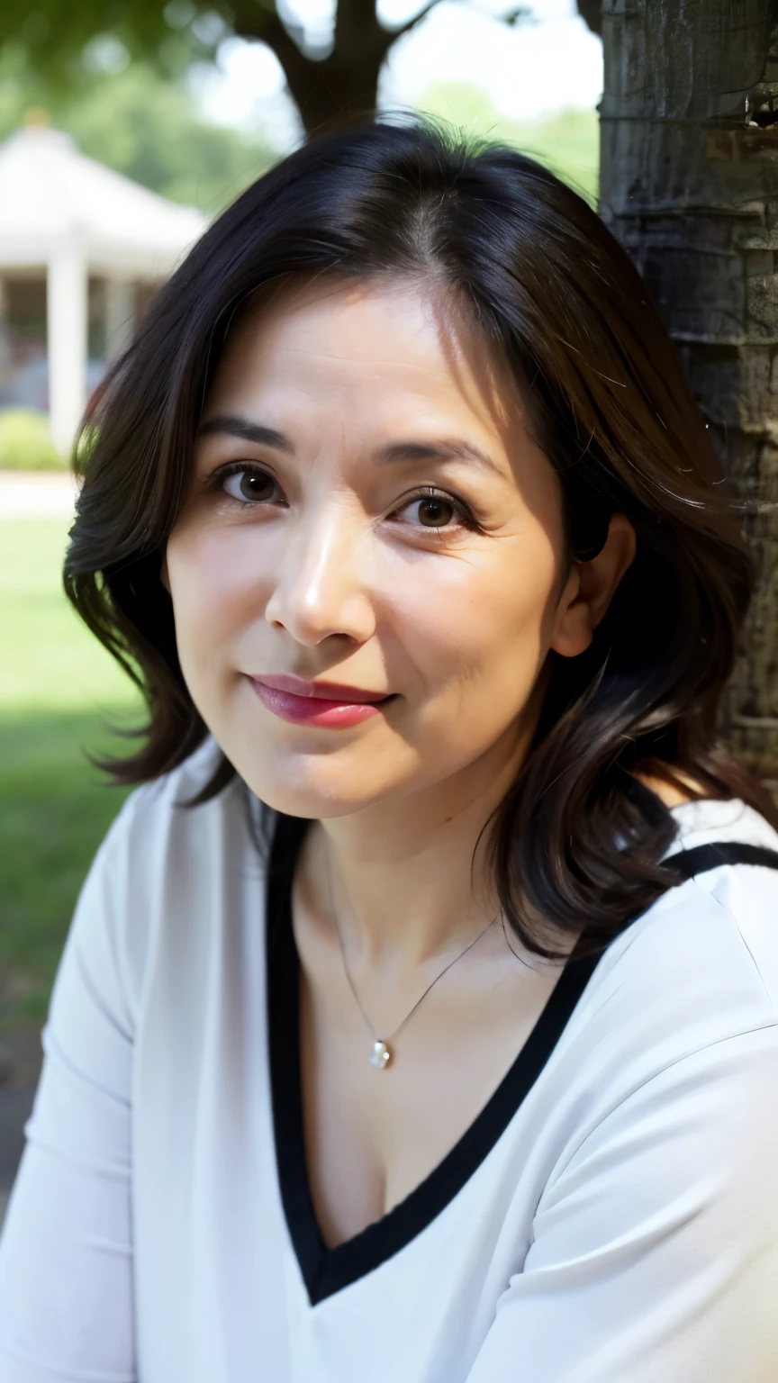 最high quality, In 8K, Masseter region, Genuine, Sharp focus, high quality, High resolution, Detailed face, fine grain, Thick lips, Background Blur, alone, Middle-aged women, , 65 years old, , Wavy Hair, Cleavage, Wearing a plain short-sleeved knit, sitting on a park bench, Wrinkles around the eyes, Smiling with teeth showing