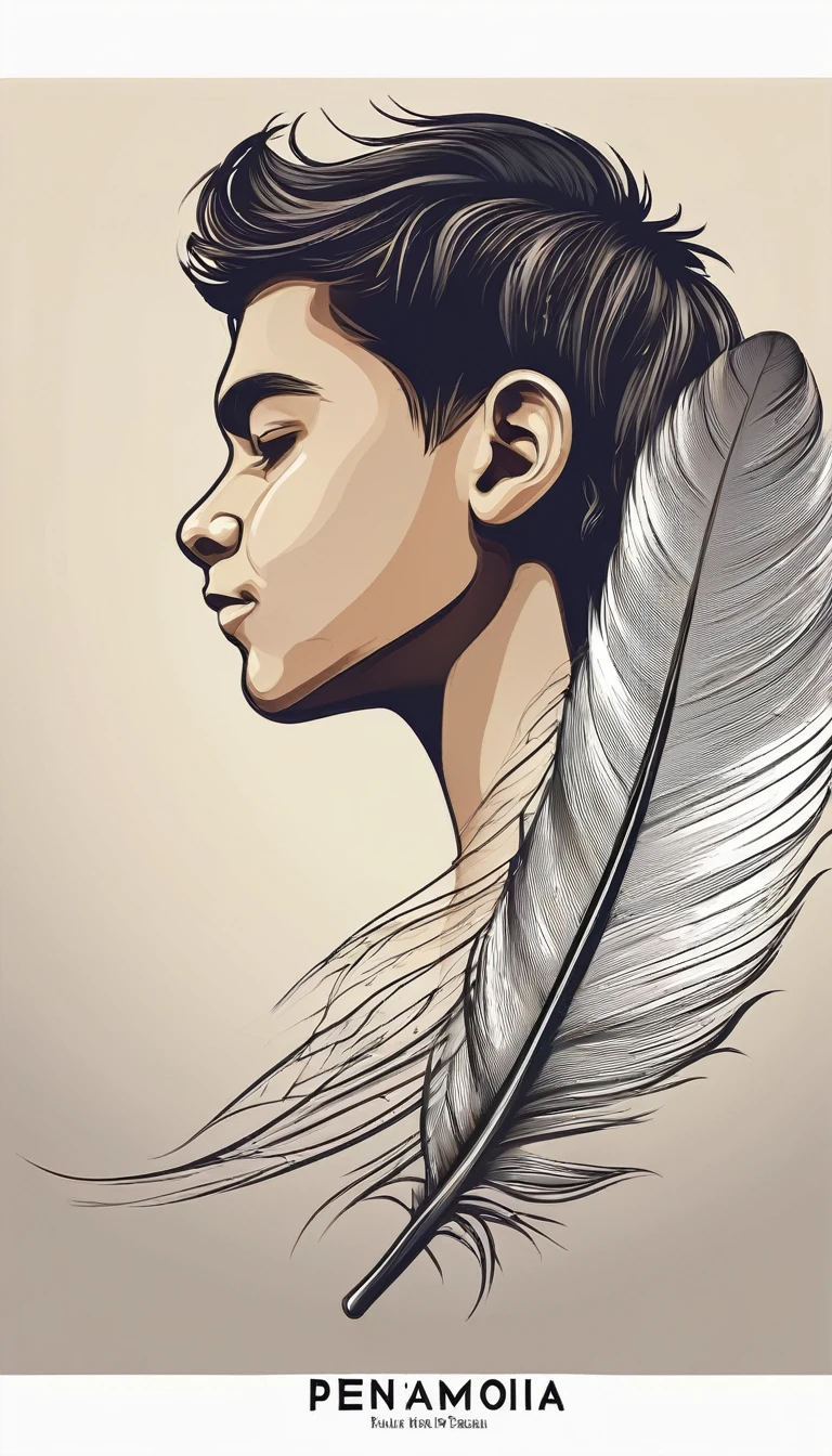 Create a minimal, modern, simple, inspirational, memorable, dream like logo design of a boy and a feather for the brand “Penamemoria".