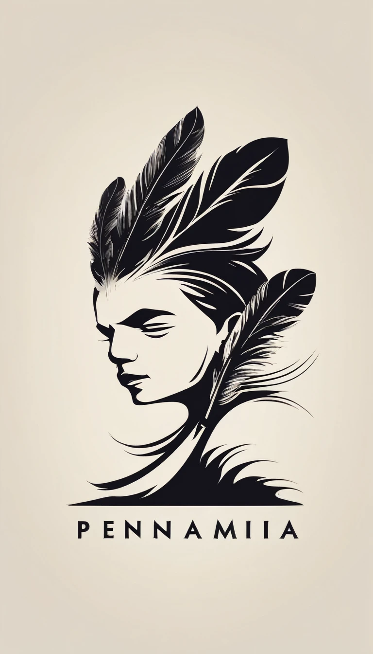 Create a minimal, modern, simple, inspirational, memorable, dream like logo design of a boy and a feather for the brand “Penamemoria".