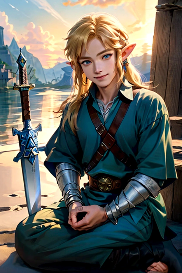 ((artwork)), (Highest quality), (detailed), ((1 boy)), (Link to the Legend of Zelda), smile, A long-haired blonde girl is holding a sword、Seaside Village、Beautiful sky、Sunset
