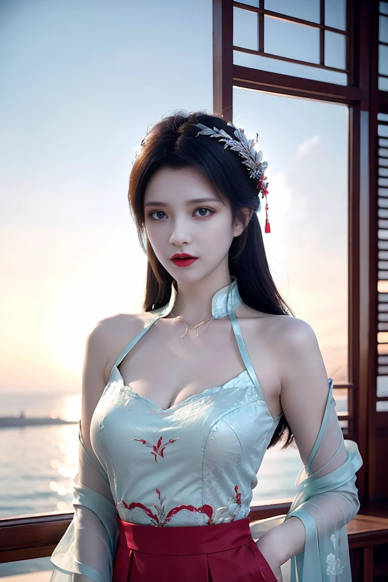 ((masterpiece)), best quality, (8K, best quality, masterpiece: 1.2), Extremely detailed, She wore an exquisite Chinese wedding dress，The skirt is embroidered with auspicious patterns of dragon and phoenix，Wearing a phoenix crown，Exquisite makeup，Red lip and white teeth，Beautiful eyes and eyebrows，Exudes an elegant and noble atmosphere。Her hair was tied in a bun，There is a red silk flower on it.，More gentle and charming。hand behind back