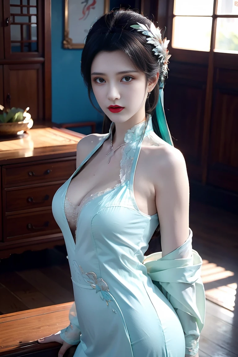 ((masterpiece)), best quality, (8K, best quality, masterpiece: 1.2), Extremely detailed, She wore an exquisite Chinese wedding dress，The skirt is embroidered with auspicious patterns of dragon and phoenix，Wearing a phoenix crown，Exquisite makeup，Red lip and white teeth，Beautiful eyes and eyebrows，Exudes an elegant and noble atmosphere。Her hair was tied in a bun，There is a red silk flower on it.，More gentle and charming。hand behind back