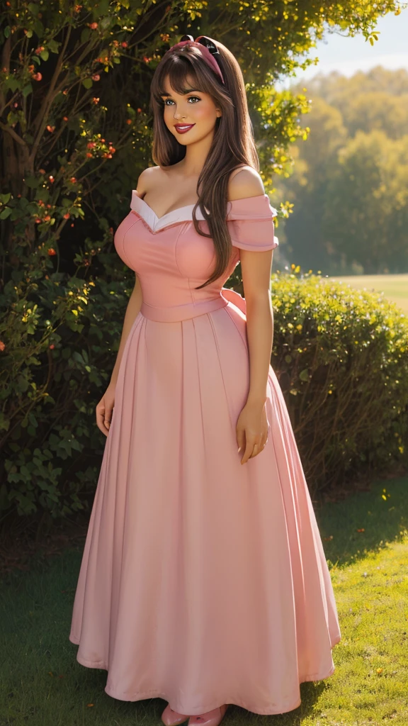 DisneyAurora, 27 years old, full body view Beautiful woman (((shoulder length light brown brown hair, two side up with bangs))) defined body, voluptuous, sexy, cherry red lipstick, arms by her sides, hands free, happily smiling, standing facing camera ((( pink dress, long skirt ))), in moonlit grassy field, (large_breasts:1.1) (curvy:1.0)