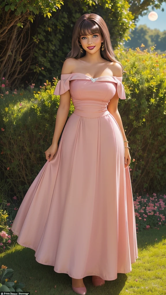 DisneyAurora, 27 years old, full body view Beautiful woman (((shoulder length light brown brown hair, two side up with bangs))) defined body, voluptuous, sexy, cherry red lipstick, arms by her sides, hands free, happily smiling, standing facing camera ((( pink dress, long skirt ))), in moonlit grassy field, (large_breasts:1.1) (curvy:1.0)