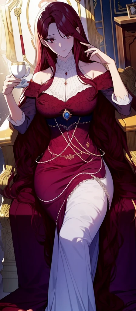 ((long hair spread out)), aristocratic woman, nobility dress, princess.Sitting on a chair while drinking tea,