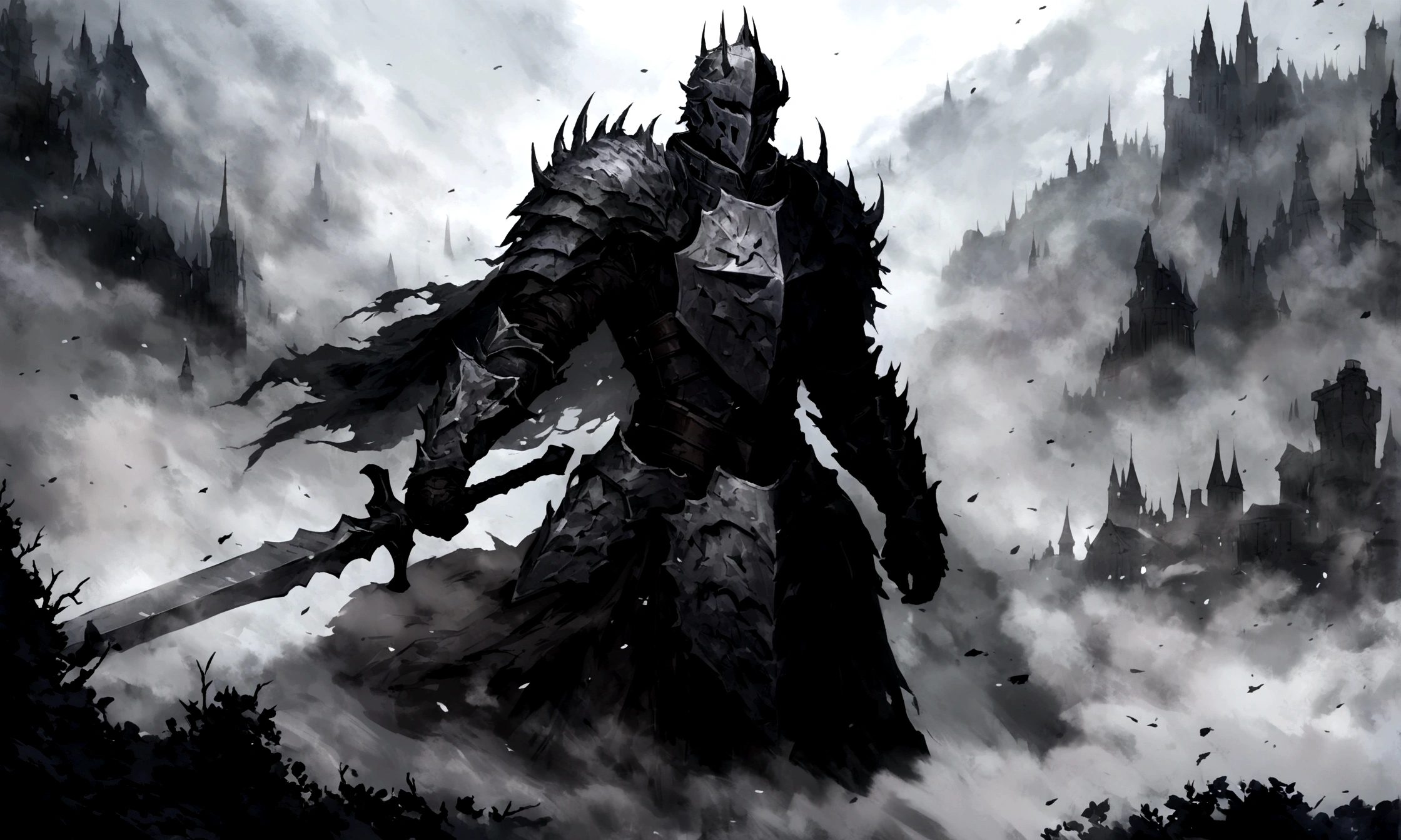 Create an impressionist painting of a spooky warrior knight, snow, Space Ash, Artistic, complicated,fog