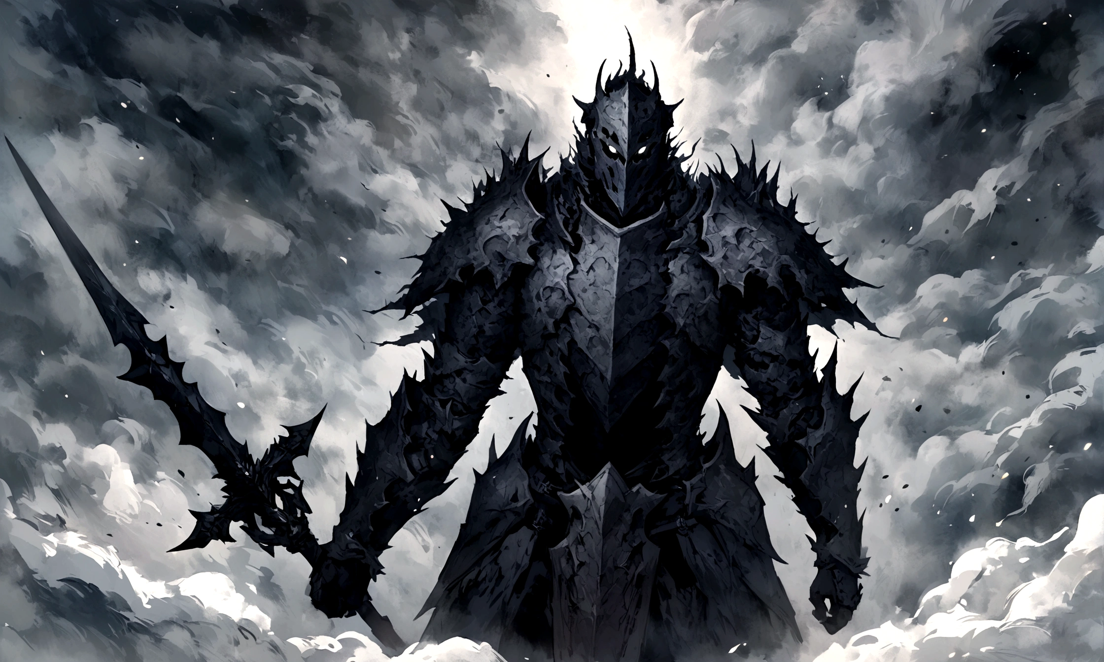 Create an impressionist painting of a spooky warrior knight, snow, Space Ash, Artistic, complicated,fog