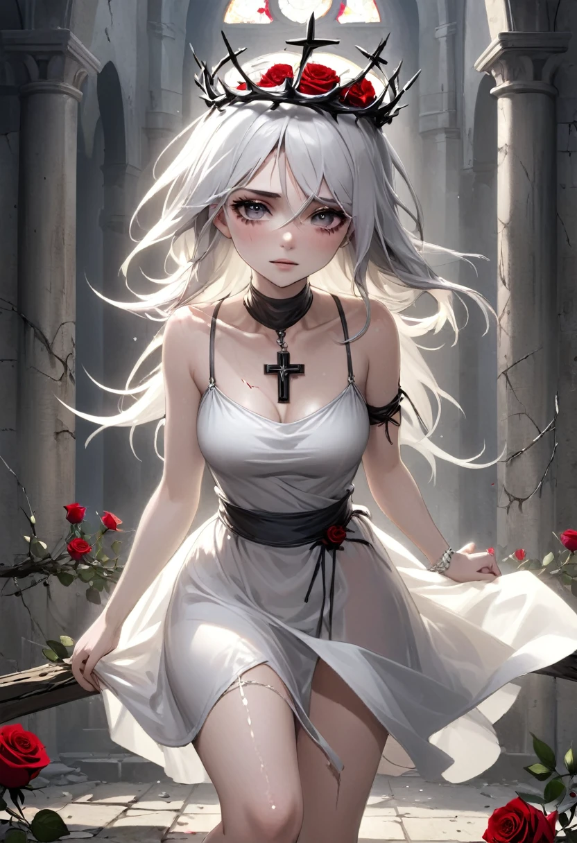 A pale-skinned white-haired girl with gray tones wearing a crown of thorns, from which small drops of blood fall, running across her forehead. Her eyes are completely dark, with an empty expression and a weak smile on her face. She wears a short white dress that reaches her knees. Several silver roses adorn her body, while sharp-thorned roots resemble necklaces, wrapping around her hands and waist. The setting is a ruined church, with cracked walls and broken windows, where light timidly enters. Next to her is an altar holding a cross adorned with several roses. The atmosphere has a melancholic and mysterious air, highlighting the loneliness and the contrast between the girl's beauty and pain.