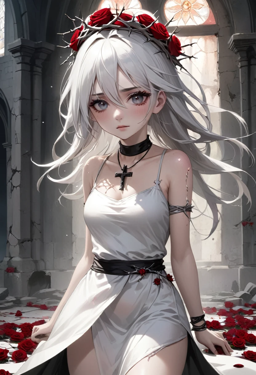 A pale-skinned white-haired girl with gray tones wearing a crown of thorns, from which small drops of blood fall, running across her forehead. Her eyes are completely dark, with an empty expression and a weak smile on her face. She wears a short white dress that reaches her knees. Several silver roses adorn her body, while sharp-thorned roots resemble necklaces, wrapping around her hands and waist. The setting is a ruined church, with cracked walls and broken windows, where light timidly enters. Next to her is an altar holding a cross adorned with several roses. The atmosphere has a melancholic and mysterious air, highlighting the loneliness and the contrast between the girl's beauty and pain.