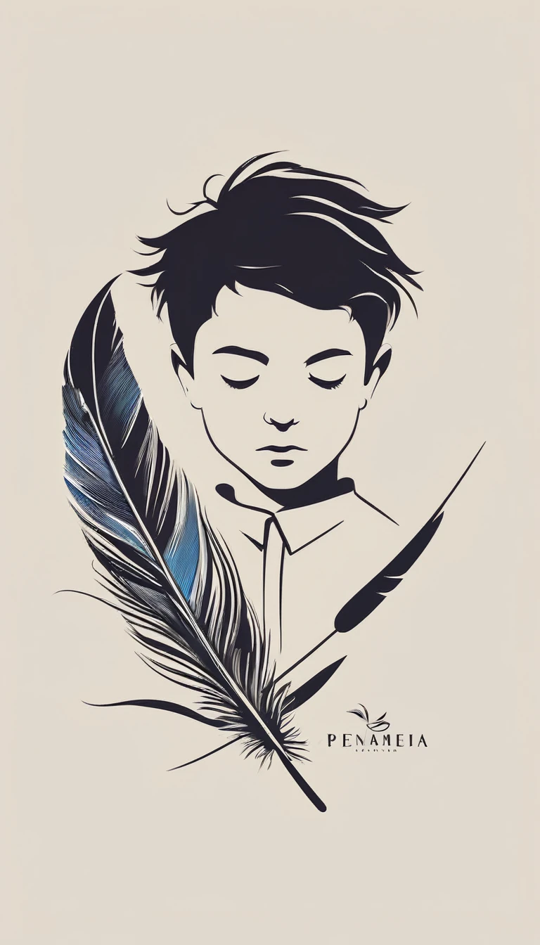 A minimalist, fantastic, poetic, dreamy, captivating, memorable, masterpiece, modern, simple logo design of a boy and a feather for the brand “Penamemoria". The logo must convey a sense of music, stories and dreams. Minimalistic logo design of a boy and a feather.