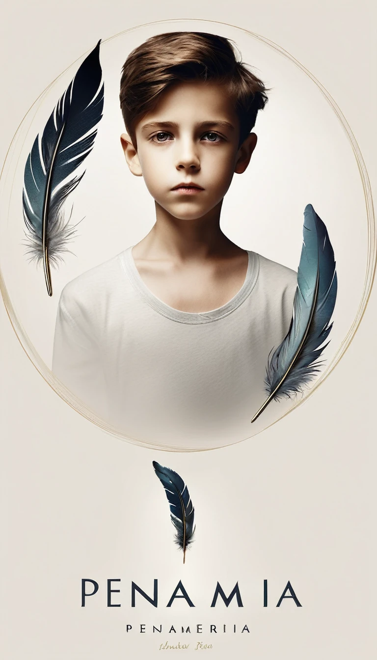 A minimalist, fantastic, poetic, dreamy, captivating, memorable, masterpiece, modern, simple logo design of a boy and a feather for the brand “Penamemoria". The logo must convey a sense of music, stories and dreams. Minimalistic logo design of a boy and a feather.
